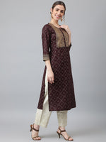 Thumbnail for Khushal K Women Brown & Gold-Toned Ethnic Motifs Printed Straight Kurta - Distacart