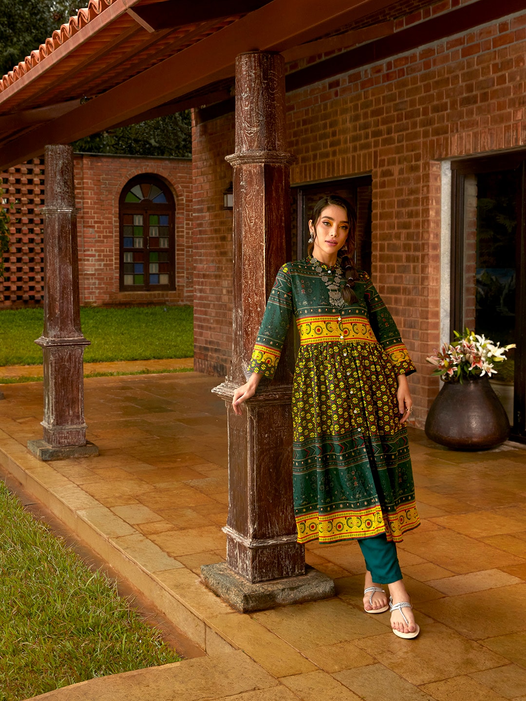 Sangria Women Green & Yellow Pure Cotton Ethnic Motifs Printed A-Line Kurta - Distacart