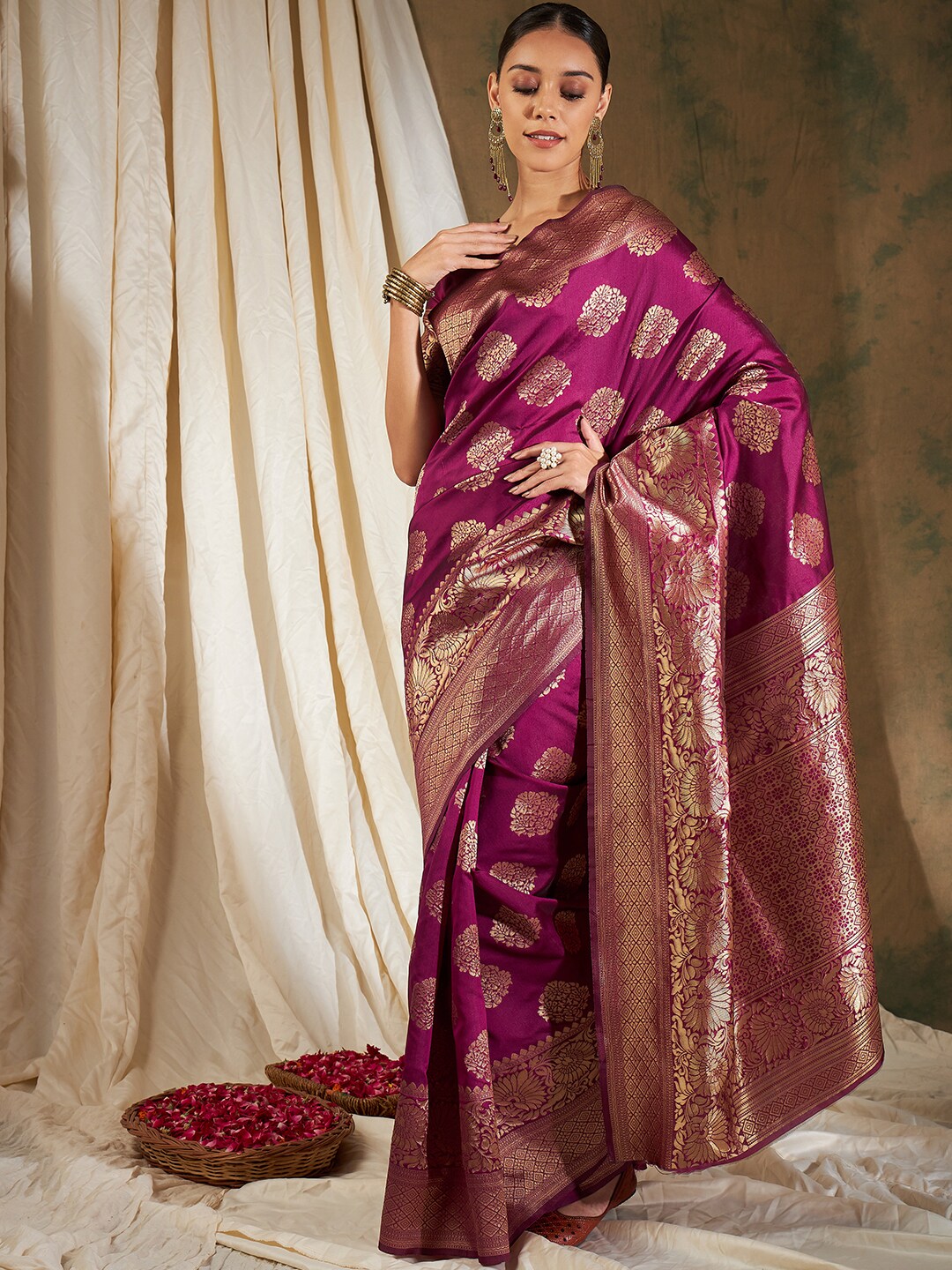 Sangria Burgundy & Gold-Toned Ethnic Motifs Woven Design Zari Silk Blend Banarasi Saree - Distacart