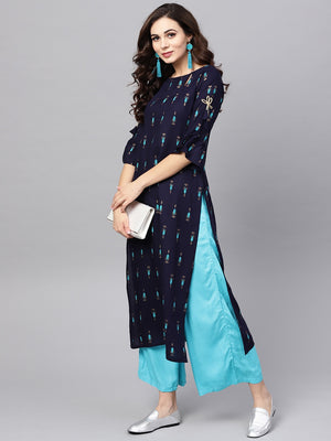 Libas Blue Block Print Straight Viscose Kurta With Keyhole neck - Distacart