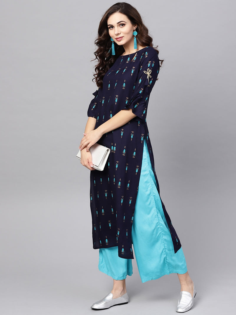 Libas Blue Block Print Straight Viscose Kurta With Keyhole neck - Distacart