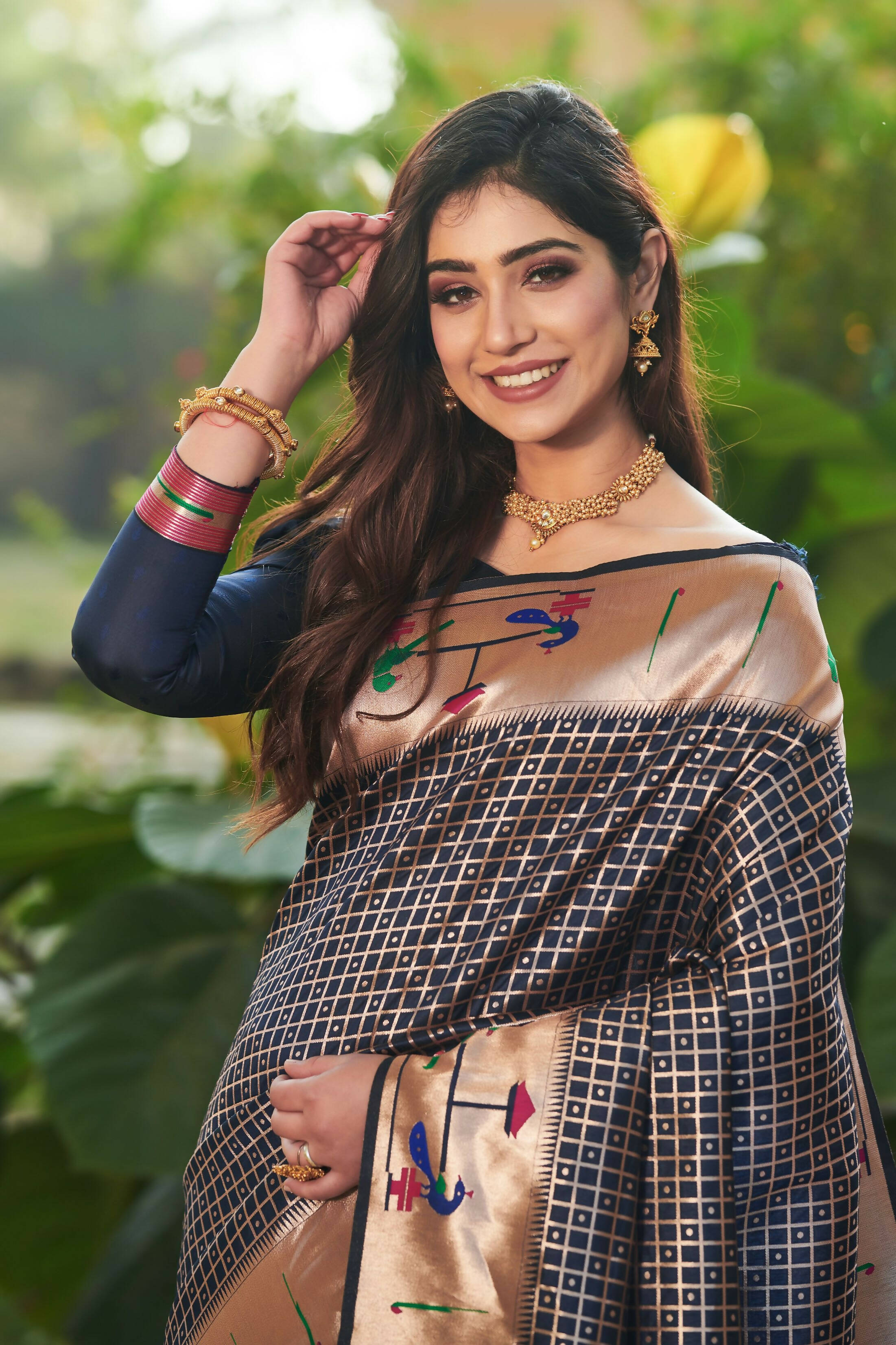 Vishnu Weaves Women's Navy Blue Paithani Silk Minakari Zari Woven Saree with Unstitched Blouse - Distacart