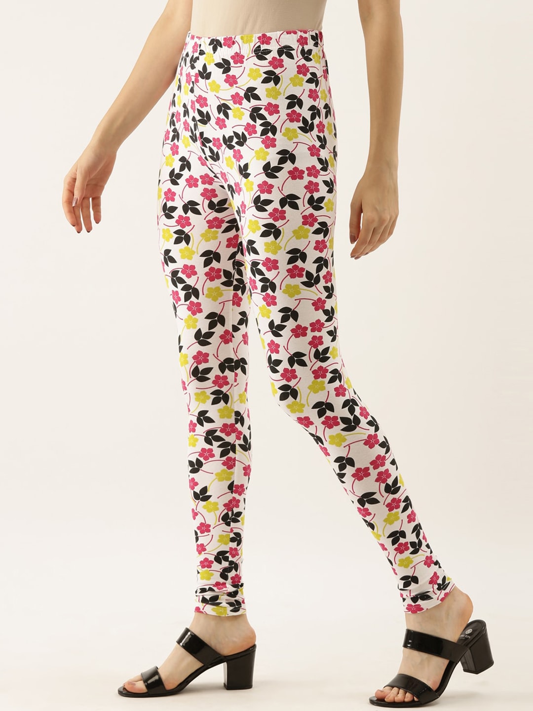 Souchii White & Pink Floral Printed Ankle-Length Leggings - Distacart