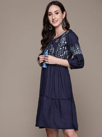 Thumbnail for Anubhutee Navy Blue Floral Embroidered Tassel Detail A-Line Dress - Distacart