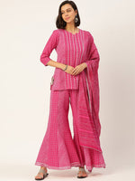 Thumbnail for HERE&NOW Women Pink Leheriya Printed Pure Cotton Kurti With Palazzo And Dupatta - Distacart