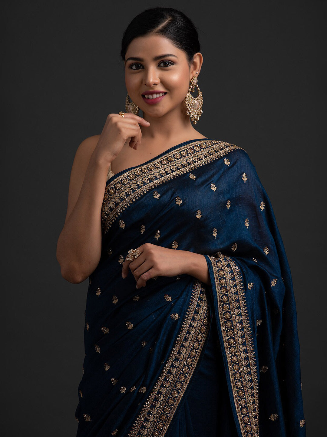 Koskii Blue & Gold-Toned Embellished Embroidered Art Silk Saree - Distacart