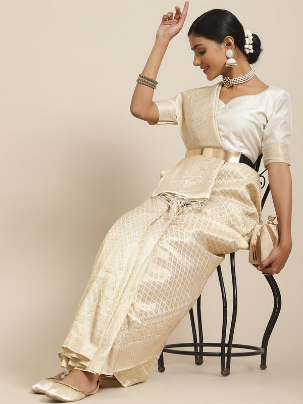 Saree Mall Cream-Coloured Zari Silk Blend Kanjeevaram Sarees - Distacart
