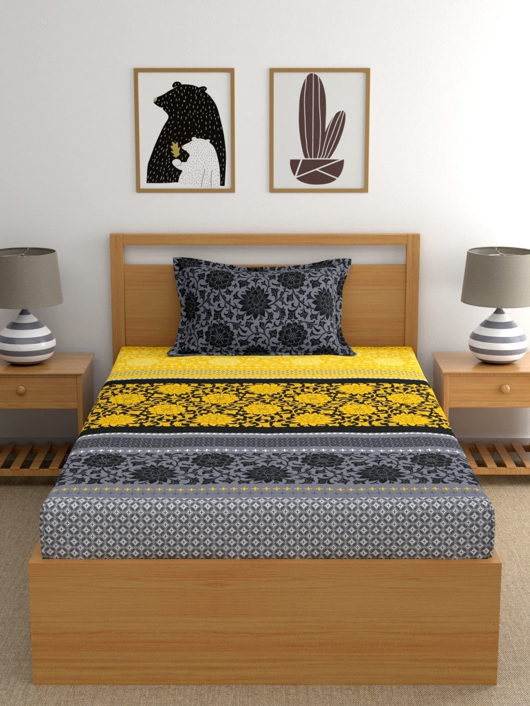 Dreamscape Yellow Ethnic Motifs Cotton 140 TC Fitted Single Bedsheet & 1 Pillow Cover - Distacart