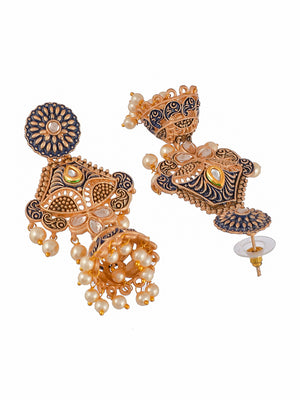 Shoshaa Blue & Gold-Toned Dome Shaped Jhumkas Earrings - Distacart
