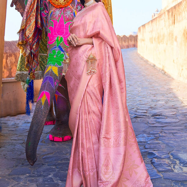 Mitera Pink & Gold-Toned Ethnic Motifs Zari Silk Blend Banarasi Saree - Distacart