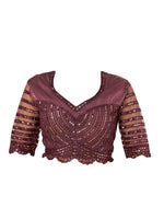 Thumbnail for Mitera Magenta Embellished Patchwork Satin Lehenga Saree - Distacart