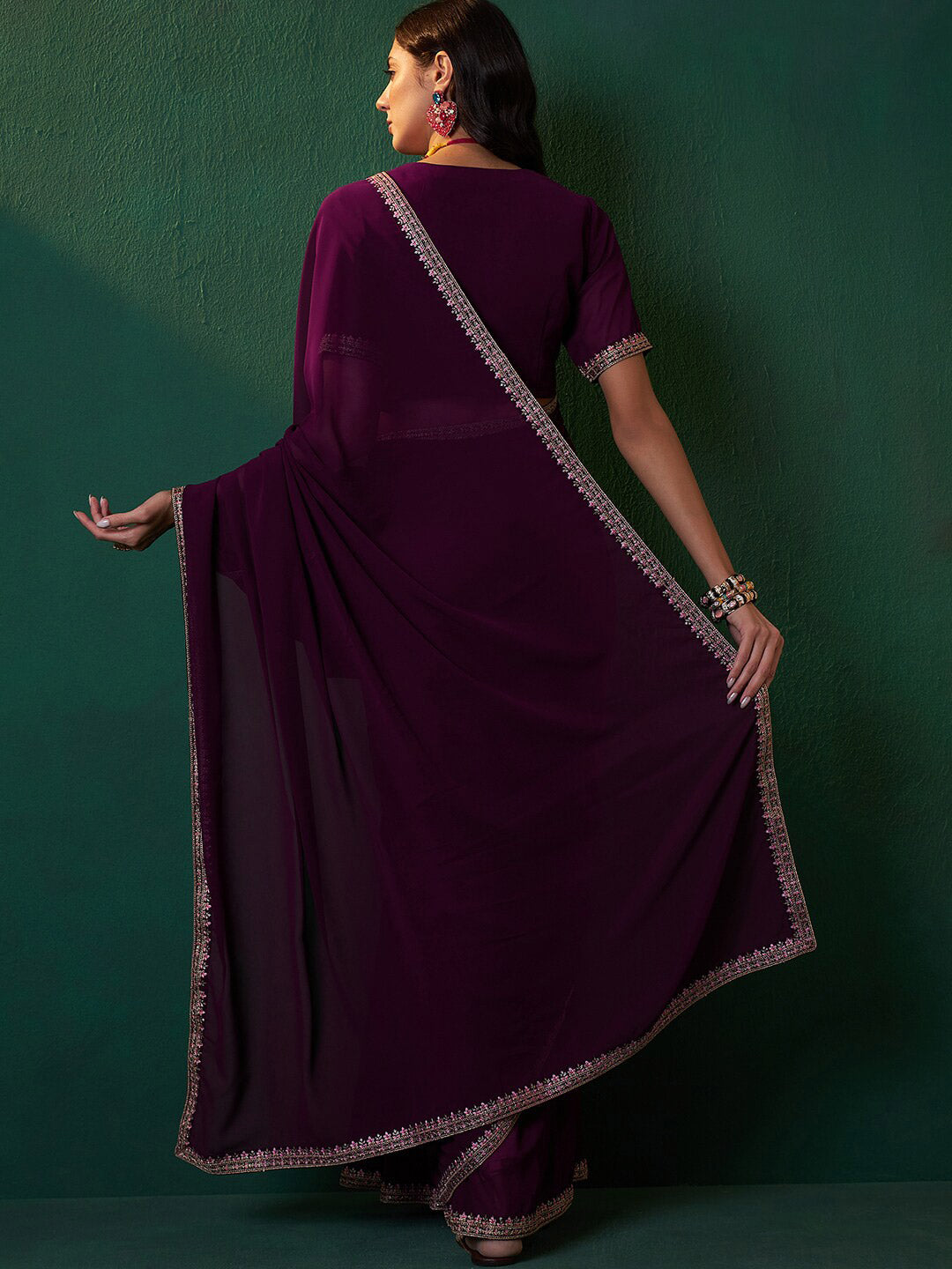 Sangria Embroidered Bordered Sarees - Distacart