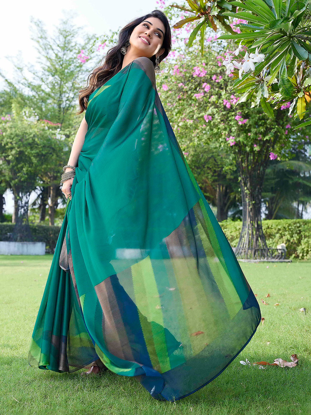 Kalini Striped Poly Chiffon Saree - Distacart
