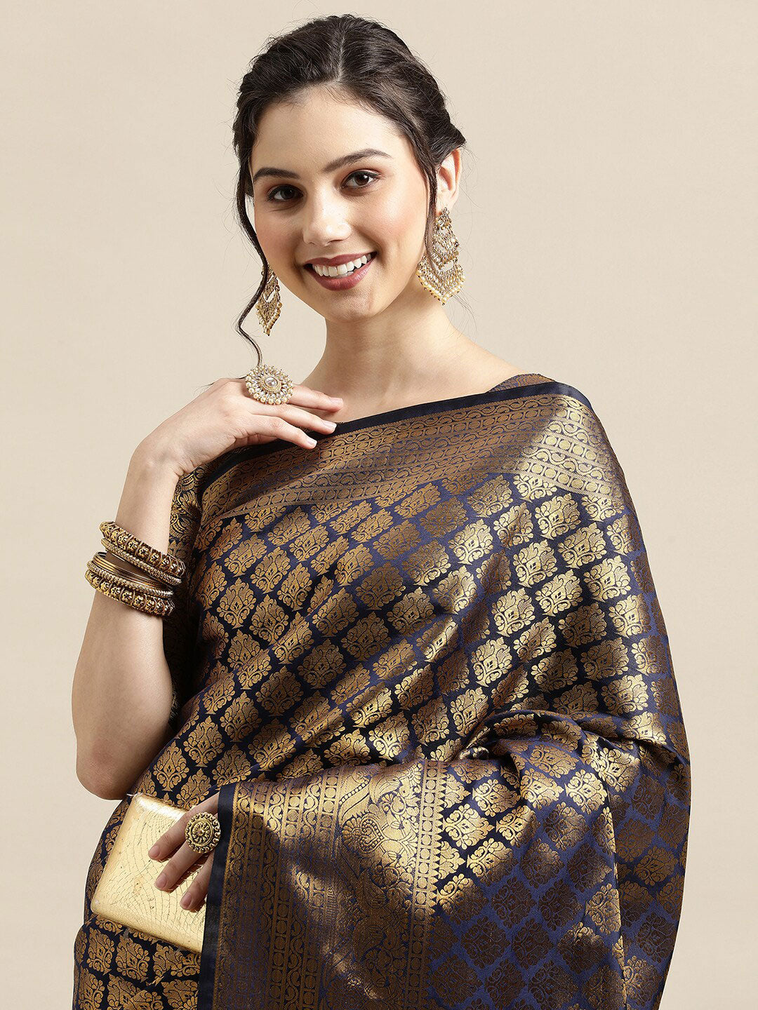 Saree Mall Navy Blue & Gold-Toned Ethnic Motifs Zari Silk Blend Banarasi Saree - Distacart