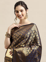 Thumbnail for Saree Mall Navy Blue & Gold-Toned Ethnic Motifs Zari Silk Blend Banarasi Saree - Distacart