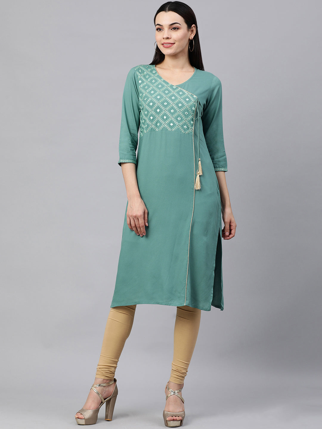 Kalini Women Sea Green Ethnic Motifs Embroidered Angrakha Kurta - Distacart