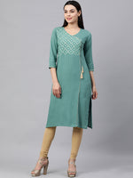 Thumbnail for Kalini Women Sea Green Ethnic Motifs Embroidered Angrakha Kurta - Distacart