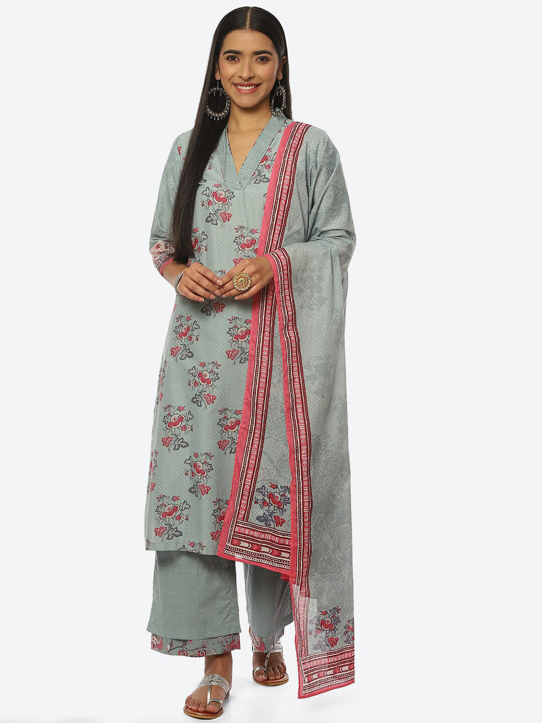 Biba Floral Printed Kurta With Palazzos & Dupatta - Distacart