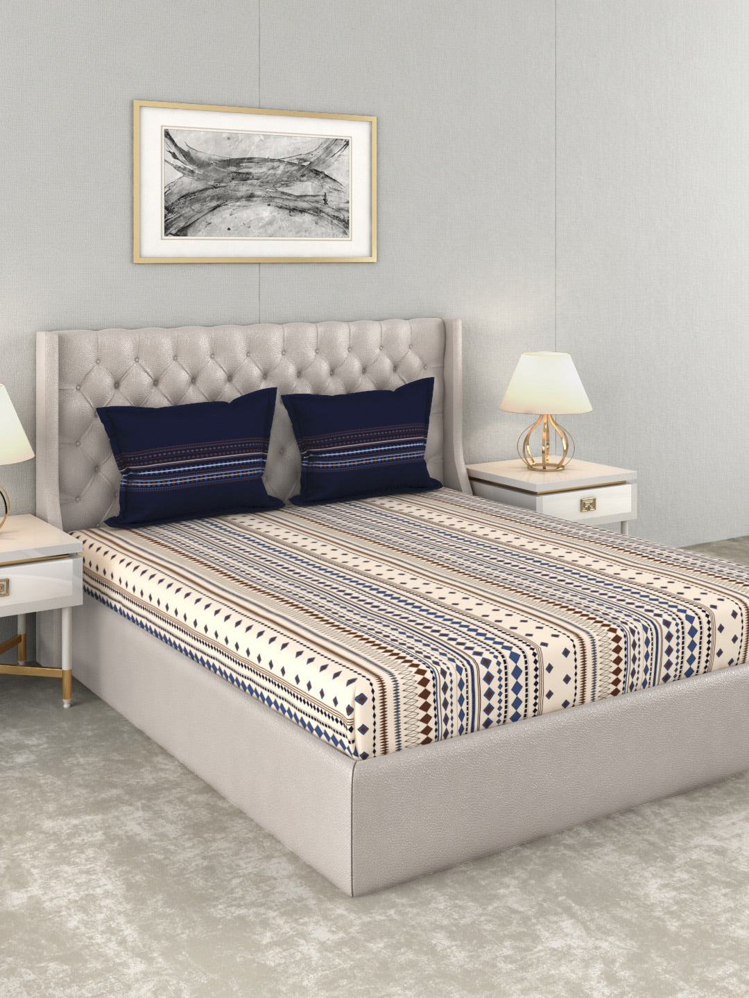 MYTRIDENT Multicoloured Blue Geometric 120 TC Cotton 1 Queen Bedsheet with 2 Pillow Covers - Distacart