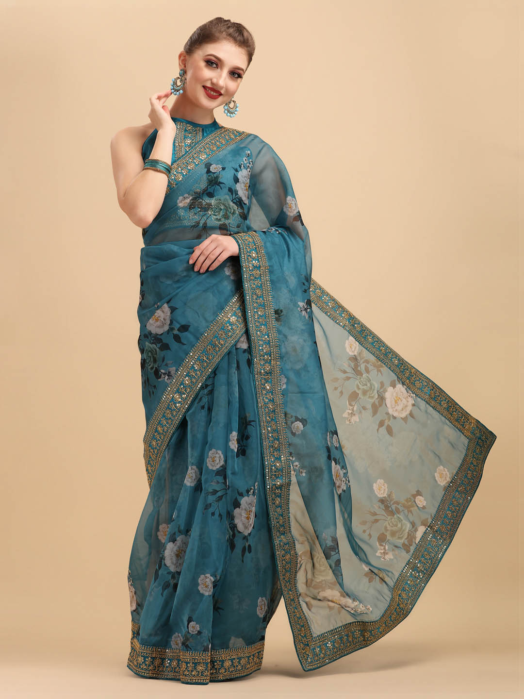 Sangria Teal & White Floral Embroidered Organza Saree - Distacart