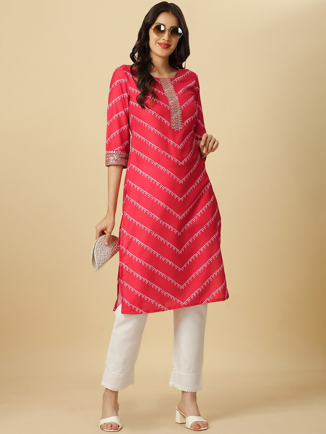 HERE&NOW Red & White Bandhani Printed Thread Work Kurta - Distacart