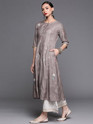 Libas Grey & Golden Ethnic Motifs Printed A-line Kurta with Pocket - Distacart