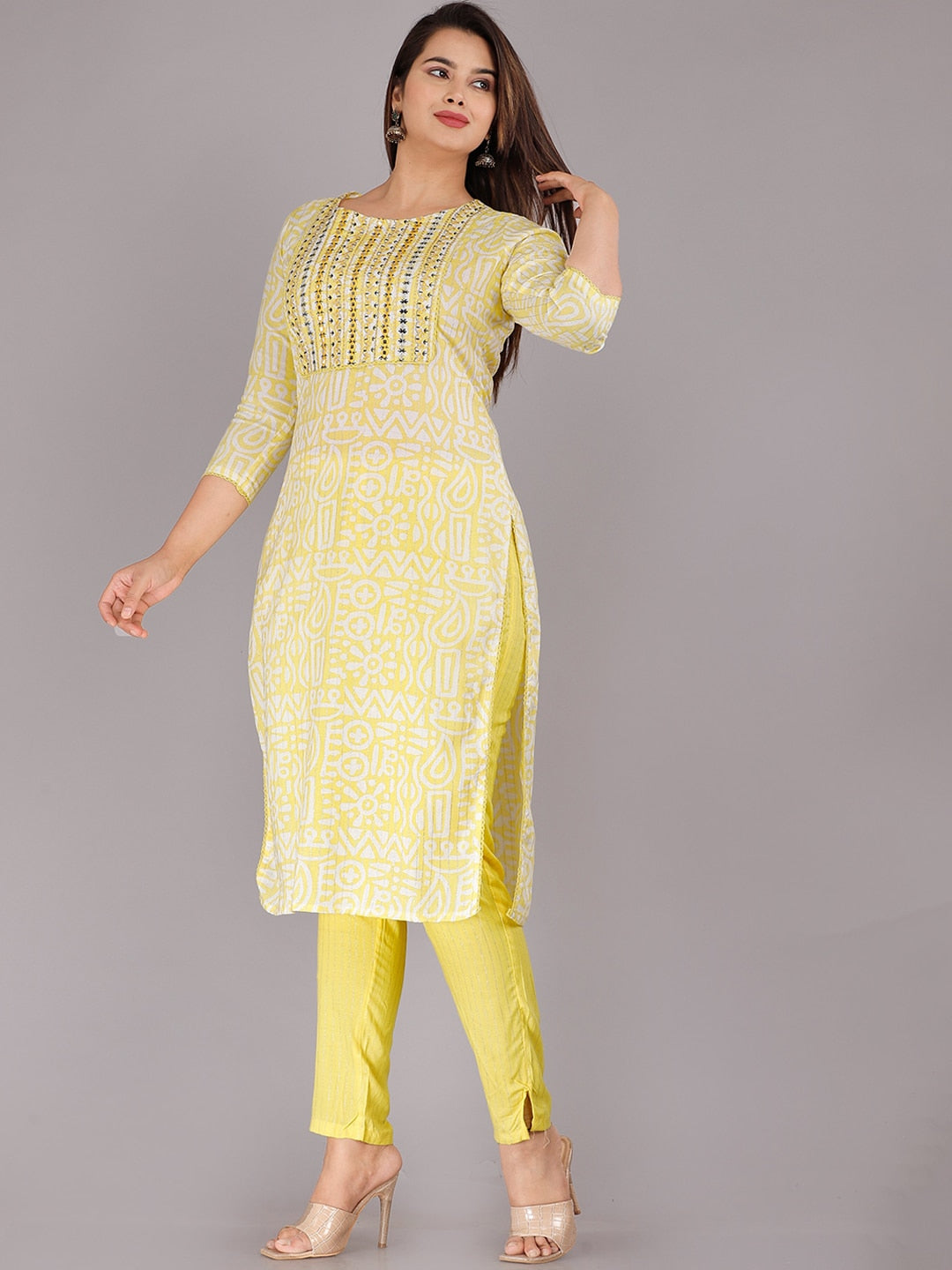Kalini Ethnic Motifs Printed Mirror Work Pure Cotton Kurta with Trousers - Distacart