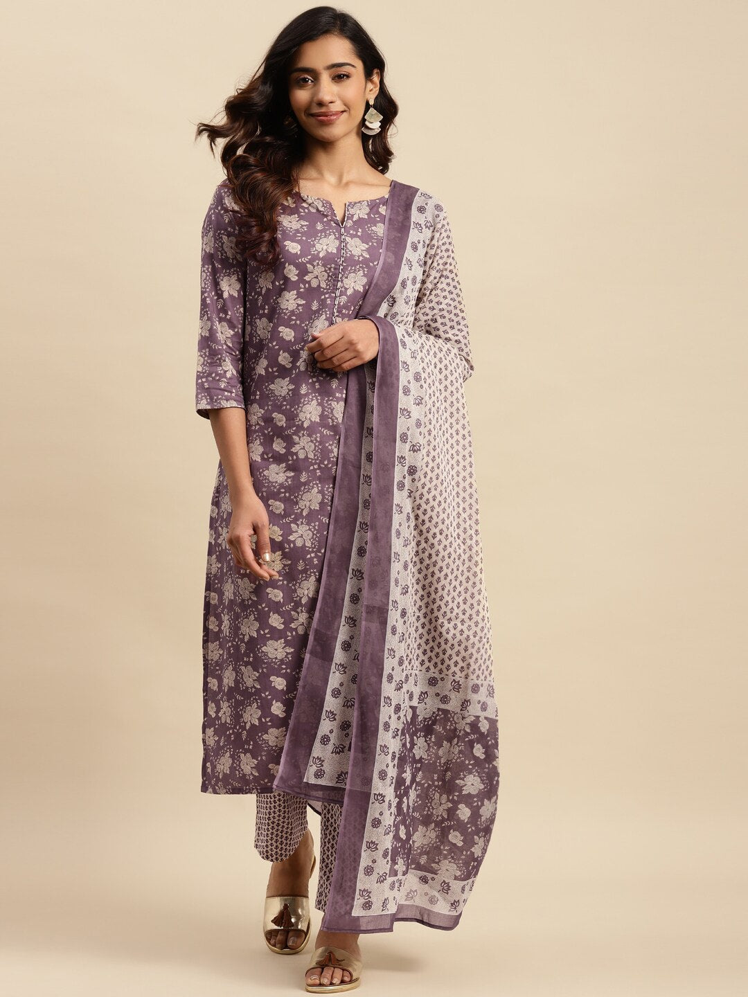 Sangria Maroon Floral Printed Pure Cotton Kurta With Trouser & Dupatta - Distacart