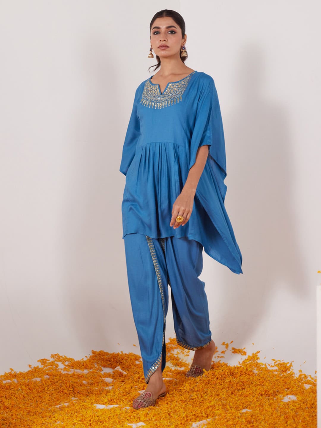 HERE&NOW Floral Embroidered Sequined Kaftan Kurti with Dhoti Pants - Distacart