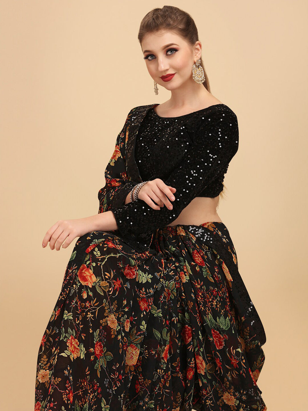 Sangria Floral Printed Embroidered Saree - Distacart