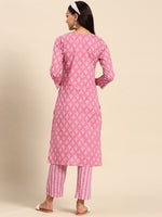 Thumbnail for Sangria Pink Ethnic Motifs Printed V-Neck Pure Cotton Straight Kurta With Trouser - Distacart