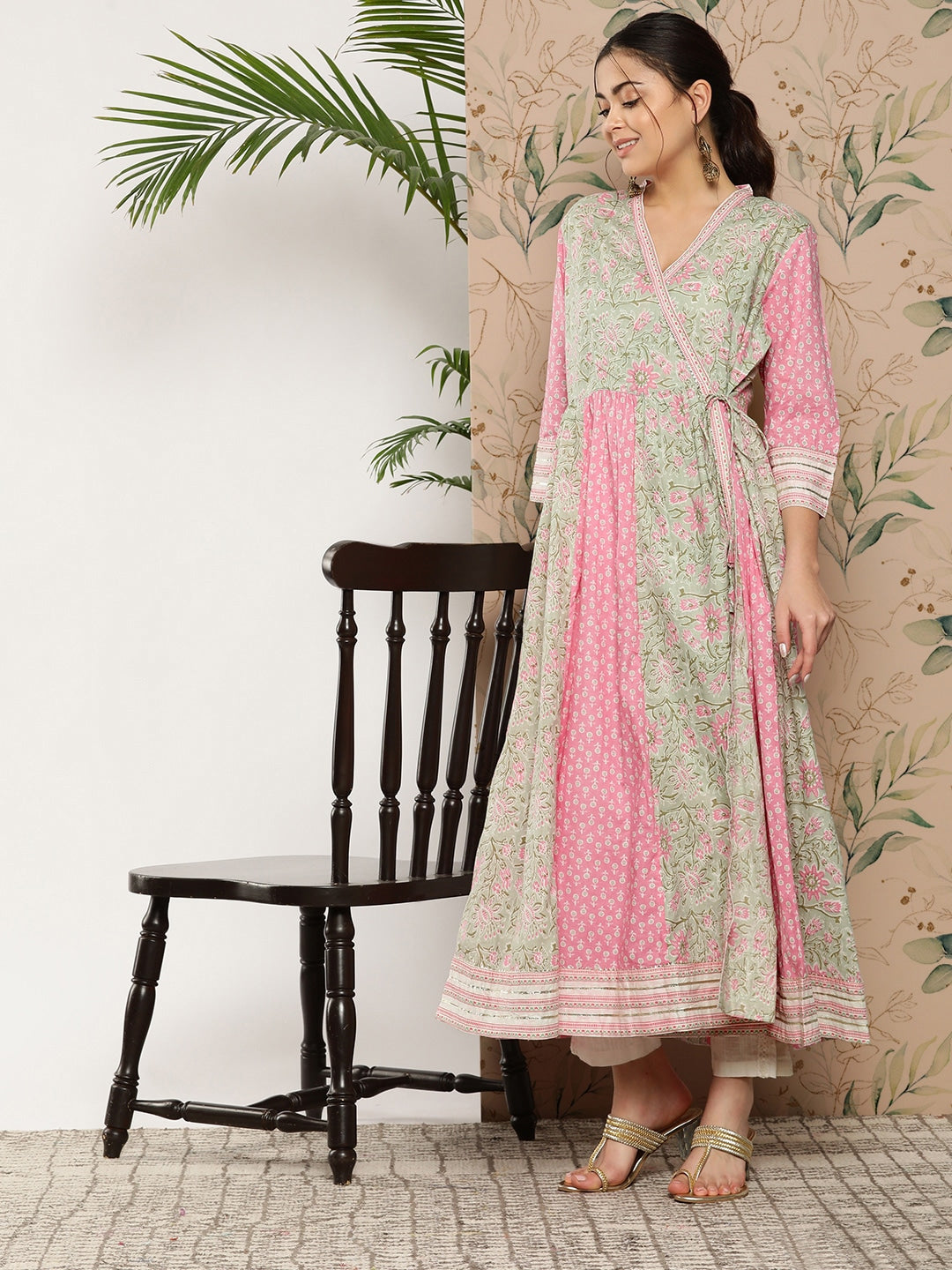 Kalini Floral Printed Angrakha Gotta Patti Pure Cotton Kurta With Dupatta - Distacart