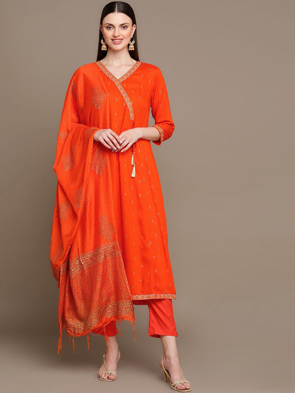 HERE&NOW Ethnic Motifs Printed Thread Work Angrakha Kurta with Palazzos & Dupatta - Distacart