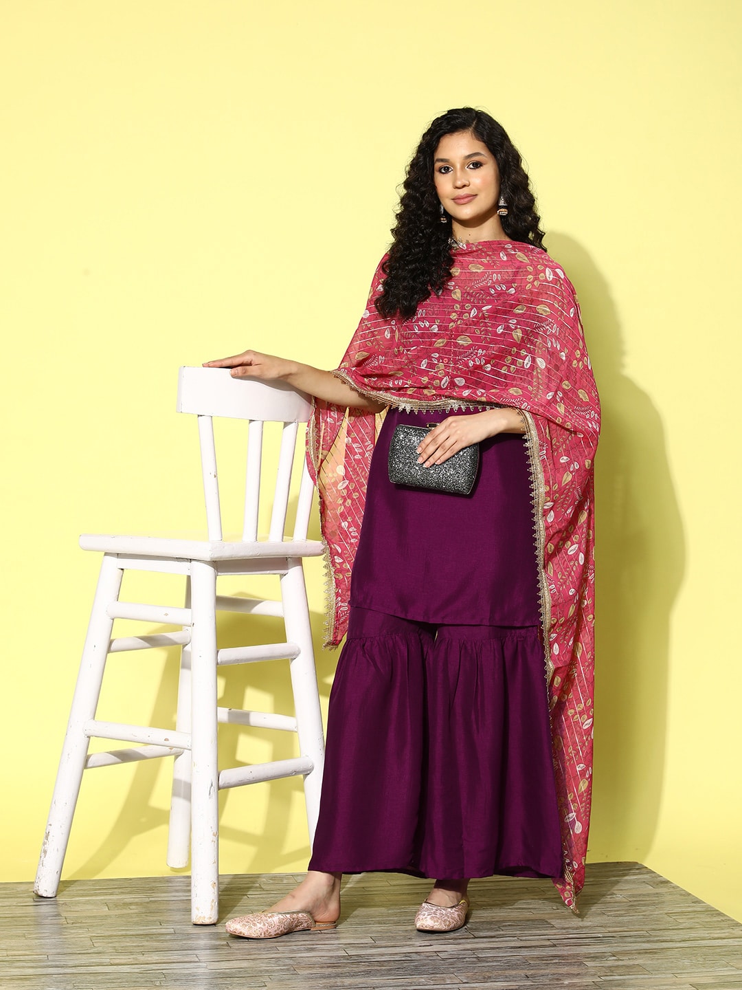 HERE&NOW Gotta Patti Detail Kurta with Sharara & Dupatta - Distacart