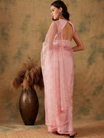 Thumbnail for Sangria Pink Floral Embroidered Sequinned Net Saree - Distacart
