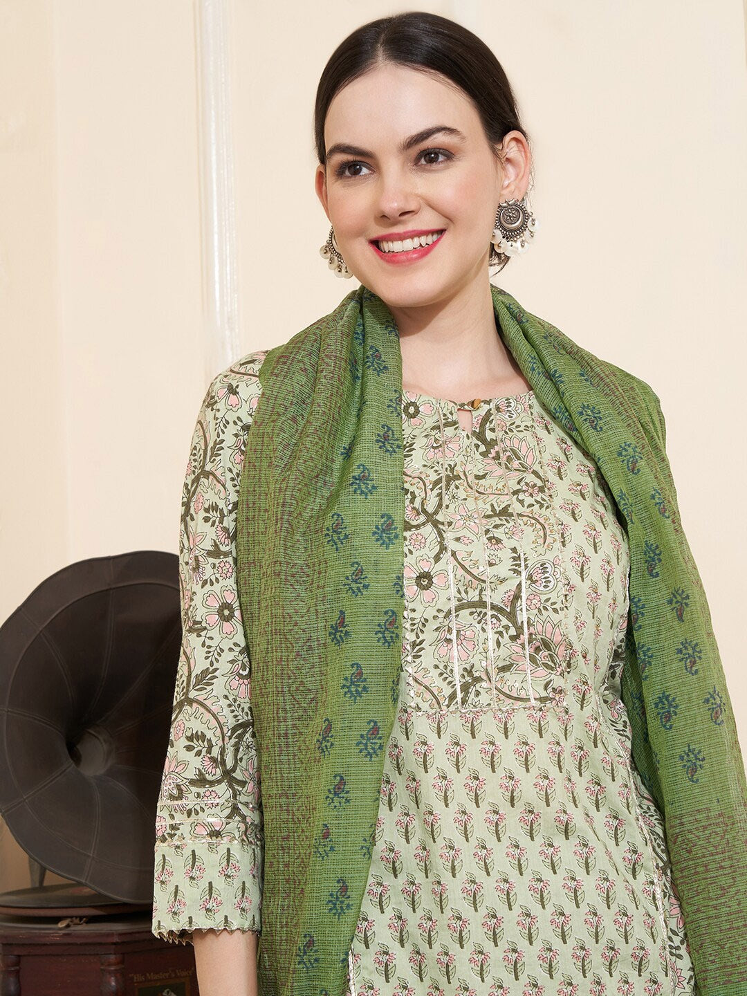 Sangria Floral Printed Gotta Patti Pure Cotton Straight Kurta With Trousers & With Dupatta - Distacart