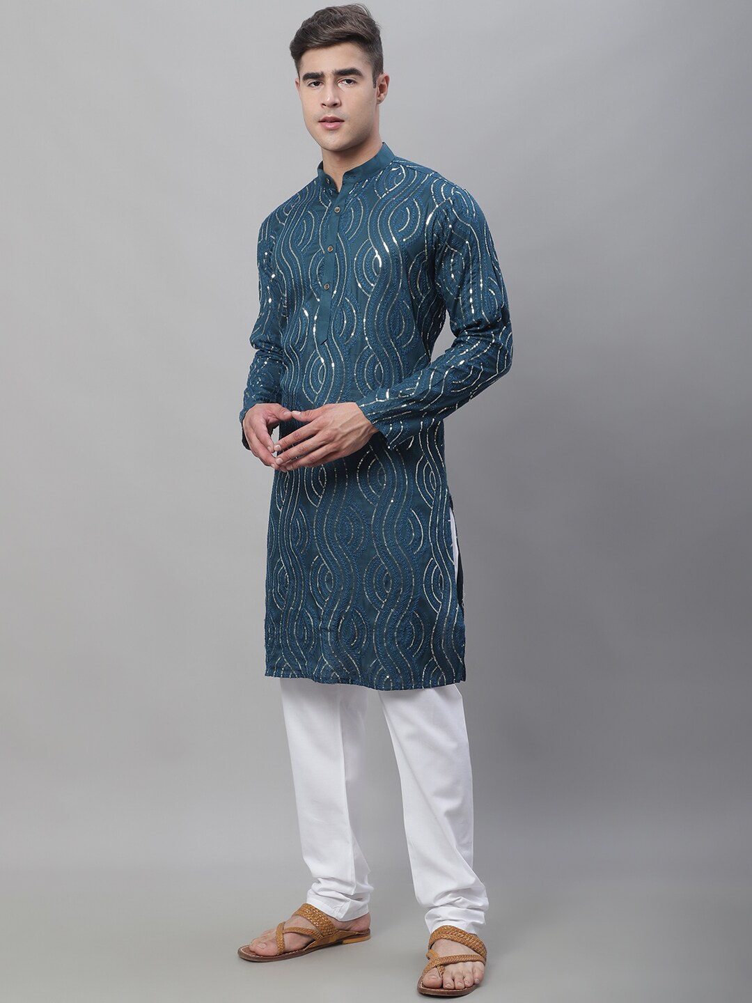 Sojanya Ethnic Motifs Embroidered Sequinned Pure Cotton Kurta with Churidar - Distacart