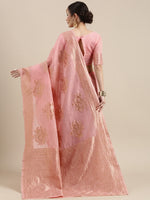 Thumbnail for Saree Mall Pink Floral Linen Blend Banarasi Saree - Distacart