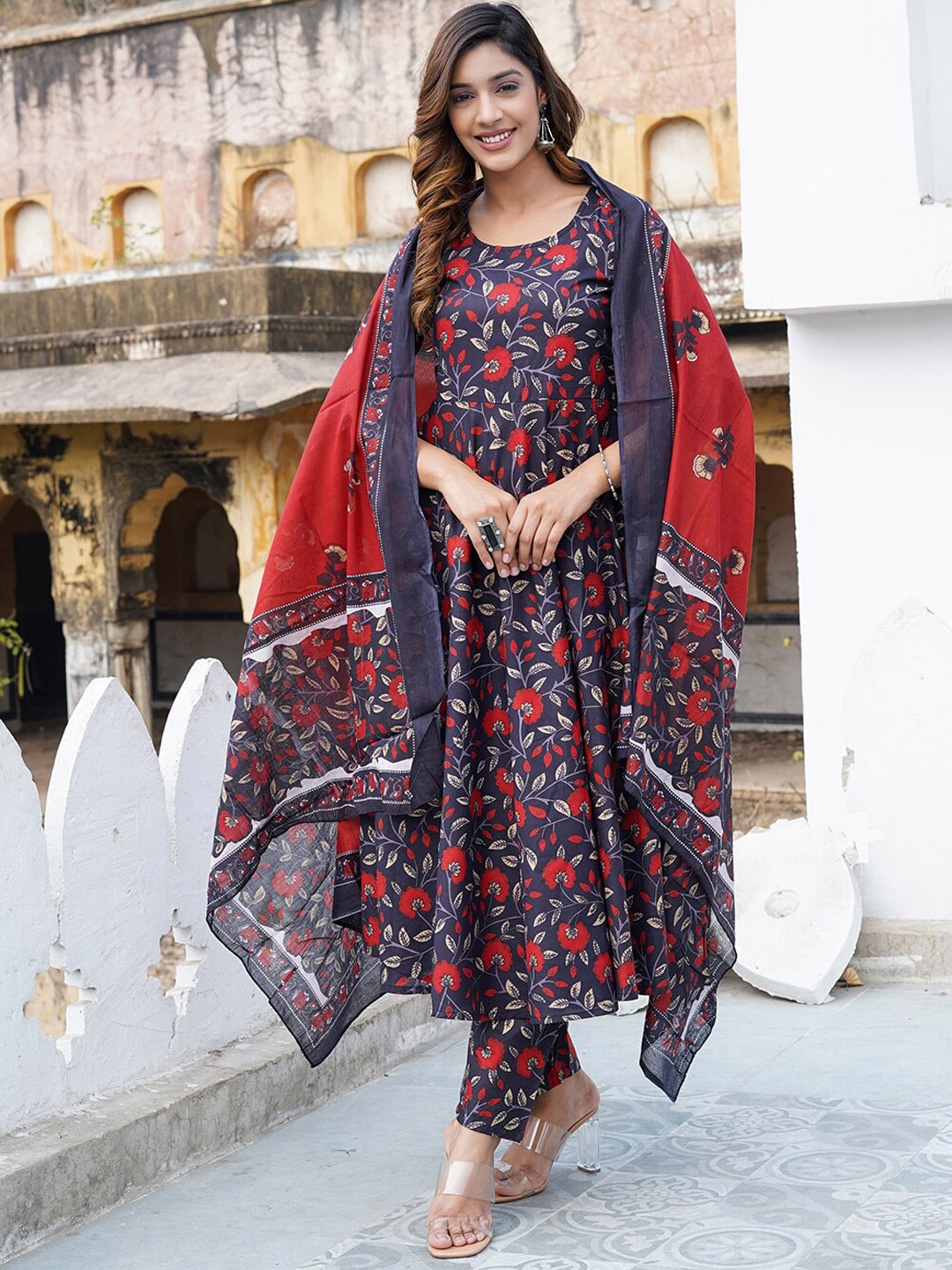 Kalini Floral Printed Anarkali Pure Cotton Kurta with Trousers & Dupatta - Distacart