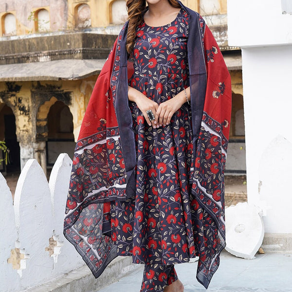 Kalini Floral Printed Anarkali Pure Cotton Kurta with Trousers & Dupatta - Distacart