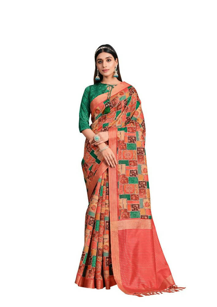 Orange Tusser Silk Floral, Geometric Printed With Embroidered Work Saree With Unstitched Blouse - Mohmanthan Aahana - Distacart