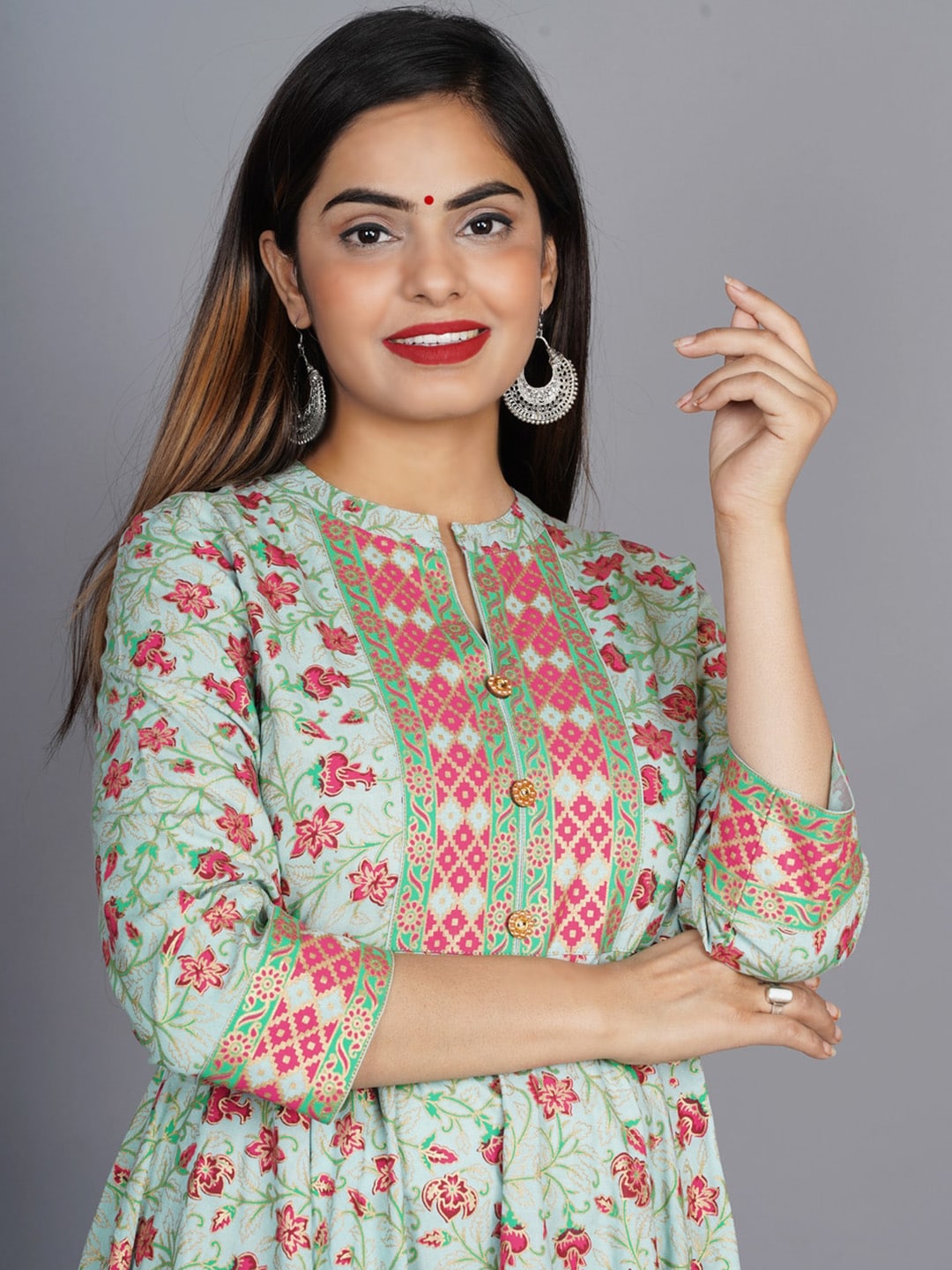 Kalini Women Sea Green & Pink Floral Printed Anarkali Kurta - Distacart