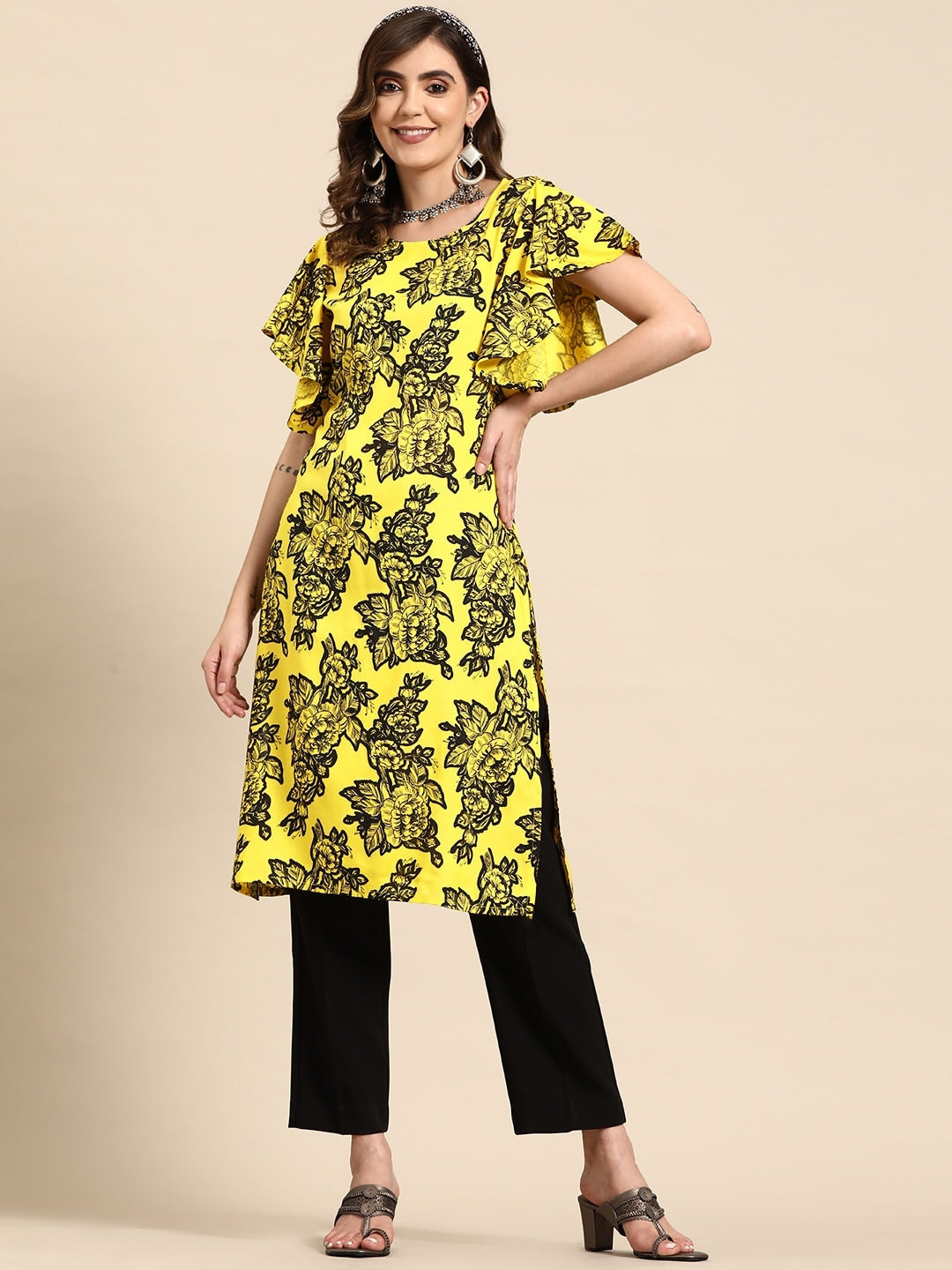 Sangria Floral Print Flutter Sleeves Kurta - Distacart