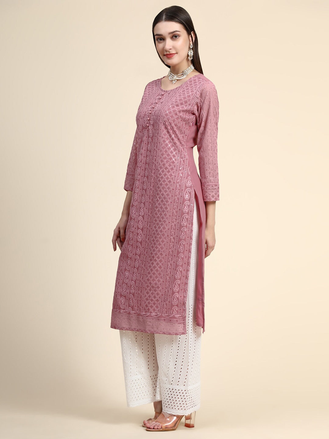 Kalini Round Neck Paisley Embroidered Chikankari Georgette Kurta - Distacart