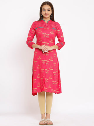 HERE&NOW Coral Mandarin Collar Ethnic Motifs Printed A-Line Kurta - Distacart