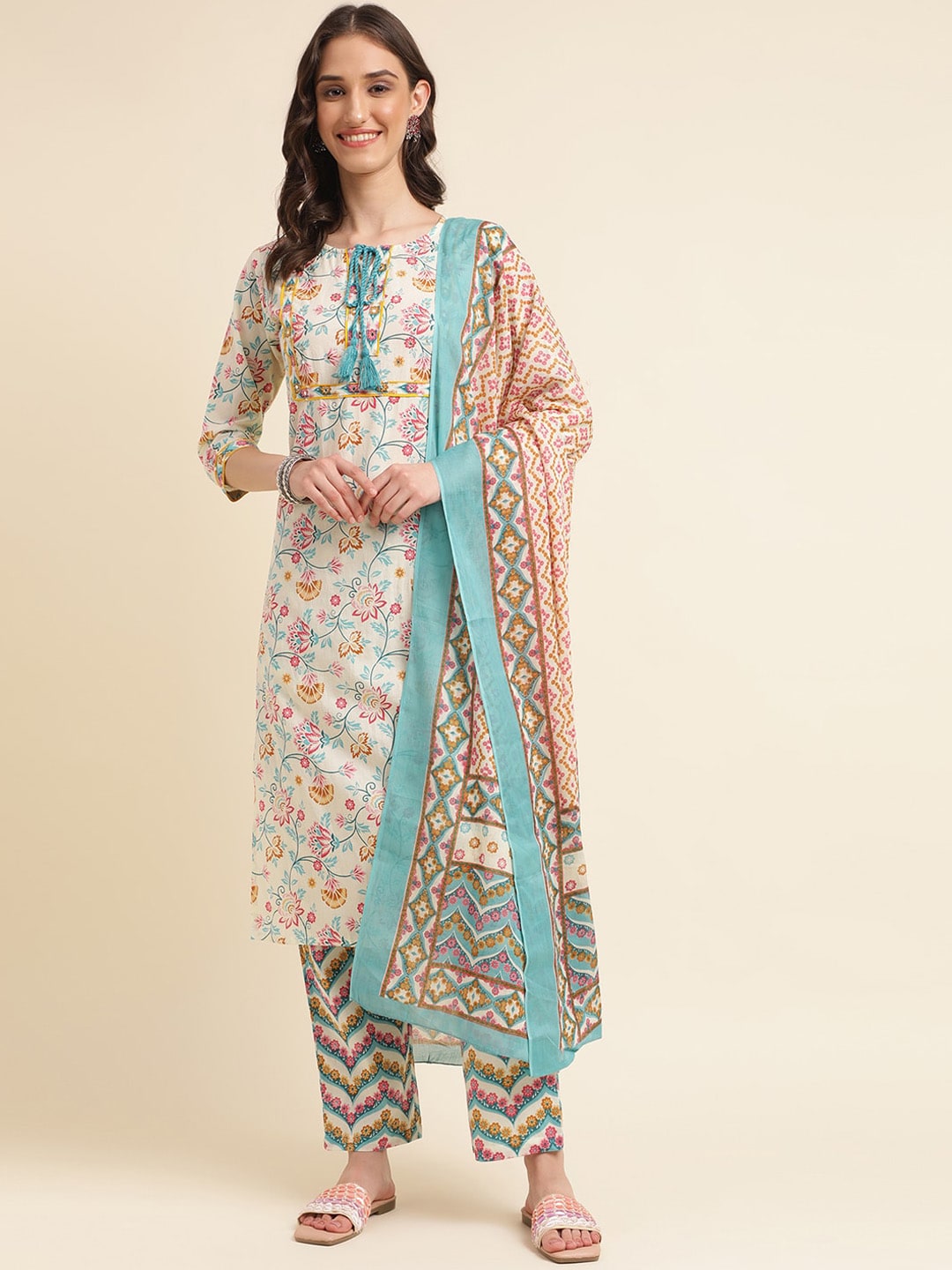 Sangria Beige & Blue Floral Printed Pure Cotton Kurta & Trouser With Dupatta - Distacart