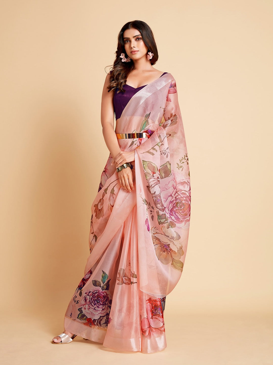 Sangria Peach-Coloured & Purple Floral Organza Saree - Distacart