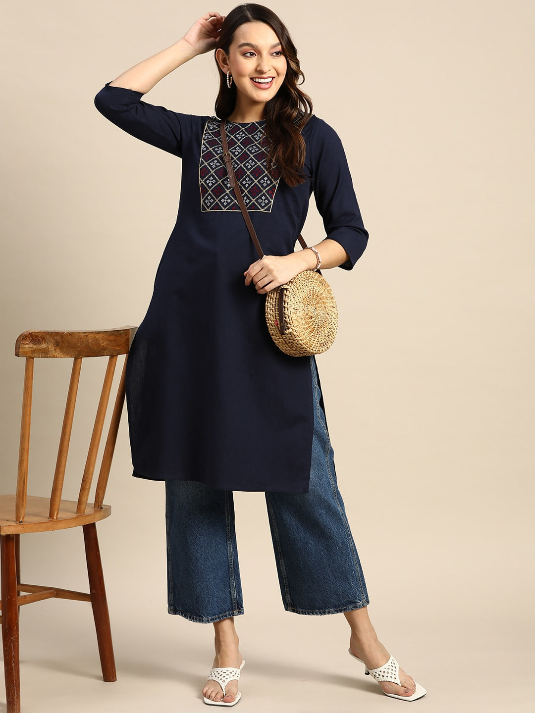Sangria Women Geometric Yoke Design Kurta - Distacart