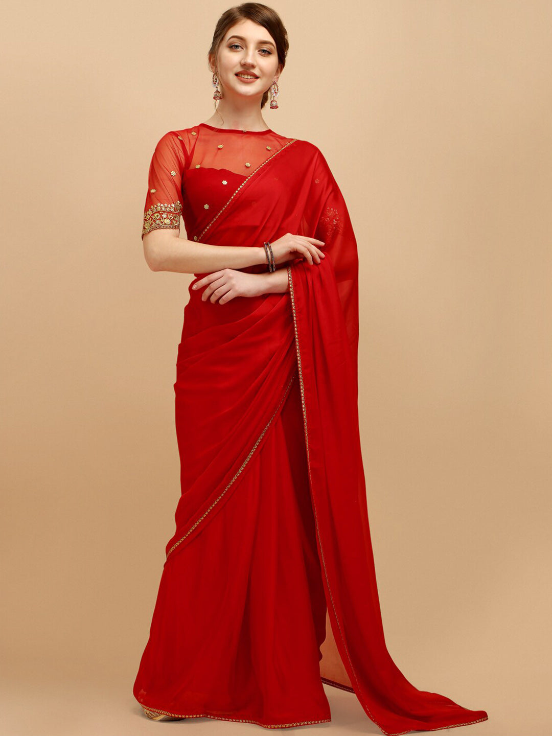 Sangria Red Silk Blend Embroidered Saree - Distacart