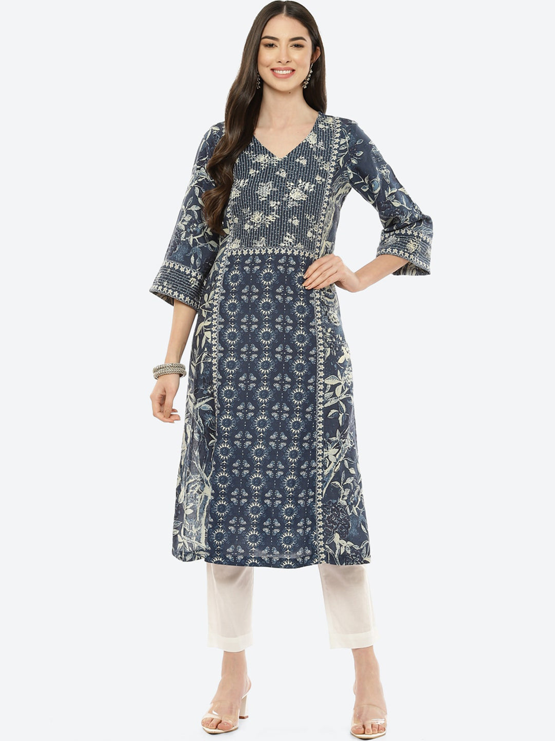 Biba Women Navy Blue & Off White Ethnic Motifs Print Straight Kurta - Distacart